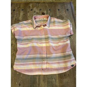 LL Bean Womens Button Up Shirt Small Striped Tencel Short Sleeve Boxy Fit EUC